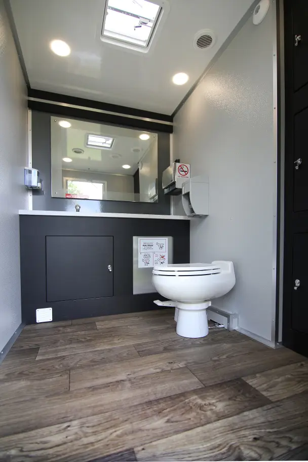 toilet, sink and mirror view